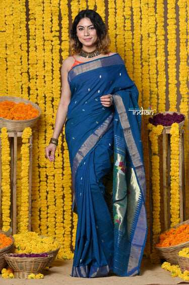 Very Much Indian Rajsi - Handloom Pure Cotton Paithani With Peacock Pallu - Teal Blue - Distacart